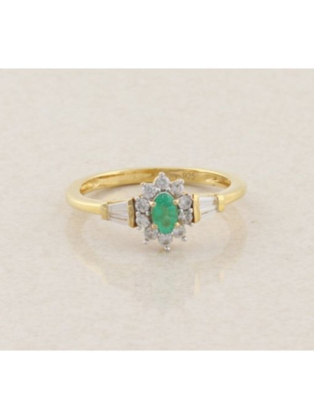 18k Gold Over Sterling Silver Natural Emerald & White Zircon Ring Size 8